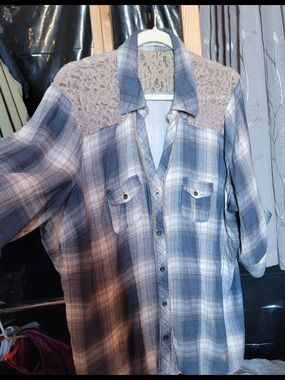 Maurices Blue Plaid Button-Down Shirt with Cream Lace Yoke